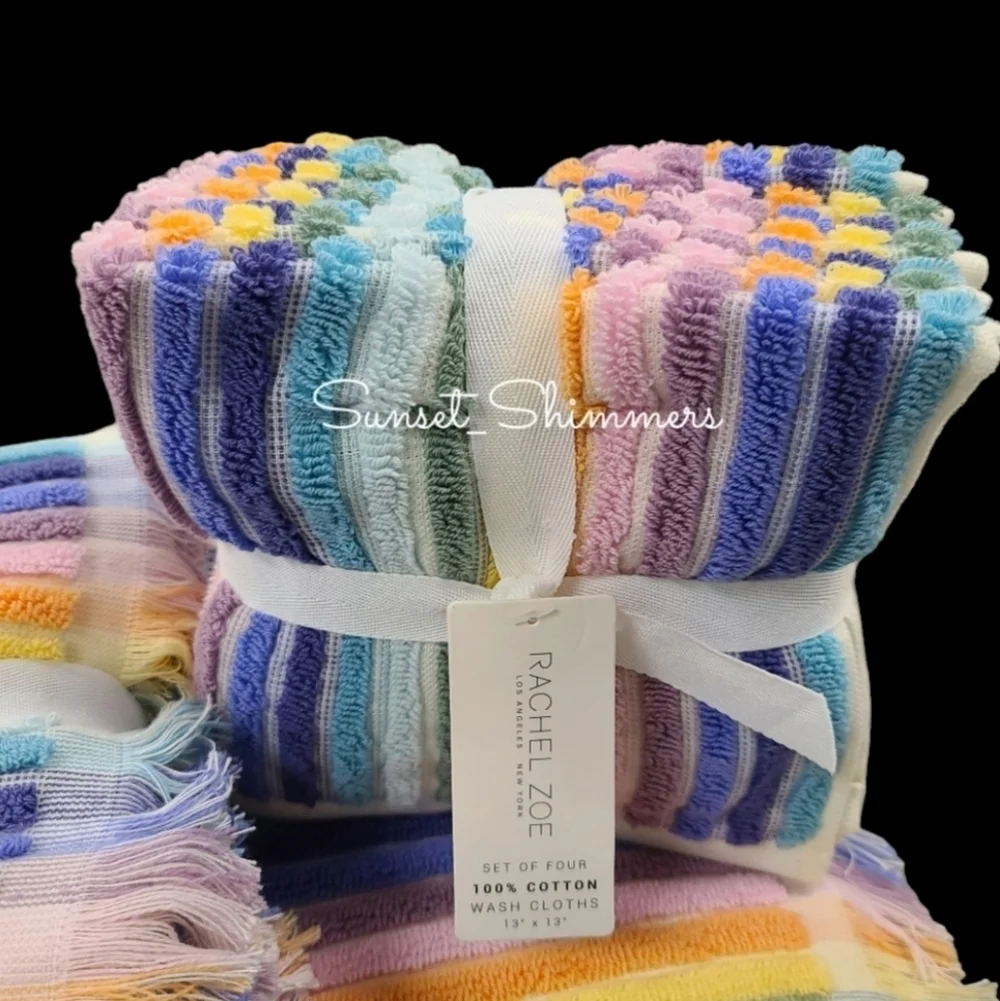8pc Rachel Zoe Cotton Pastel Rainbow Striped Bath Hand Washcloth Towel Set New